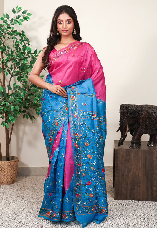 Rani Pink Kantha Pure Silk Saree With Blouse Piece