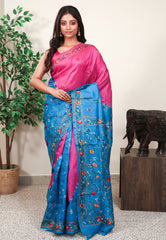 Rani Pink Kantha Pure Silk Saree With Blouse Piece