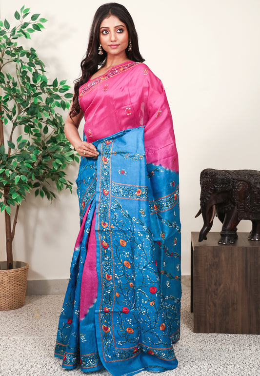 Rani Pink Kantha Pure Silk Saree With Blouse Piece