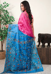 Rani Pink Kantha Pure Silk Saree With Blouse Piece