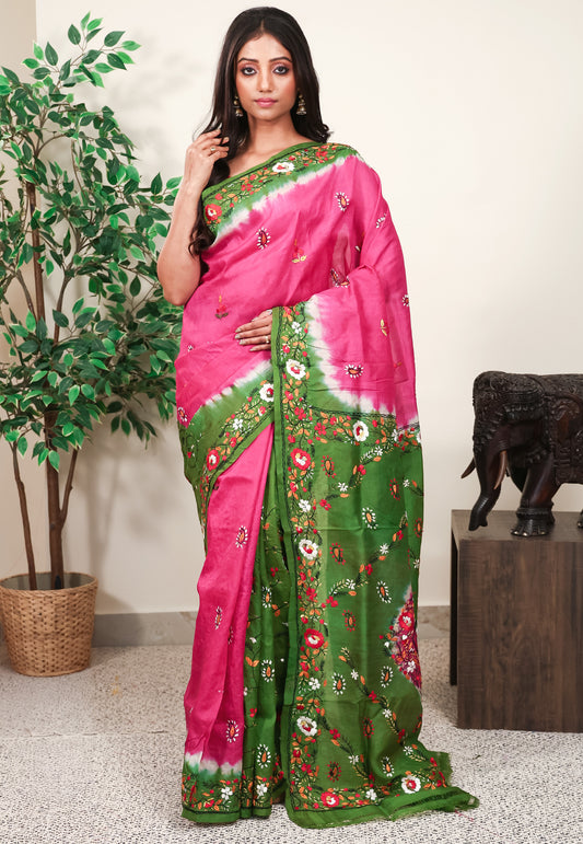 Rani Pink Kantha Pure Silk Saree With Blouse Piece