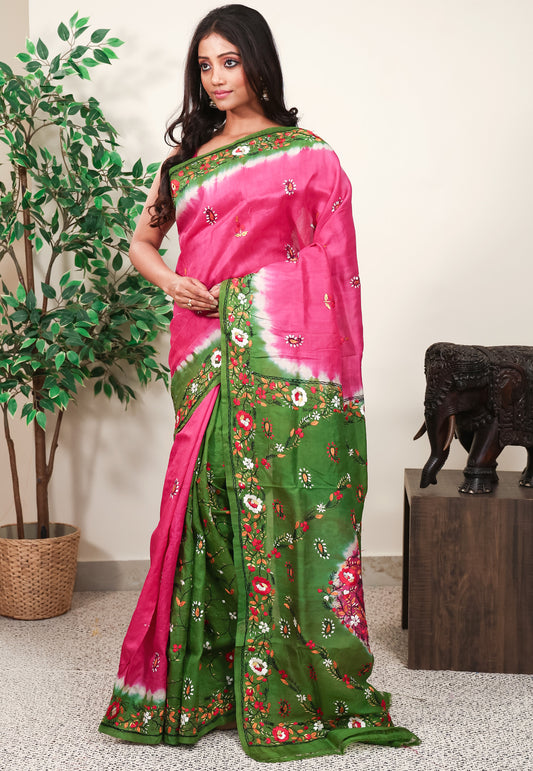 Rani Pink Kantha Pure Silk Saree With Blouse Piece