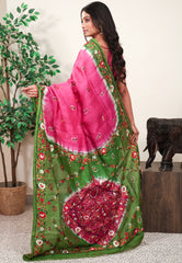 Rani Pink Kantha Pure Silk Saree With Blouse Piece