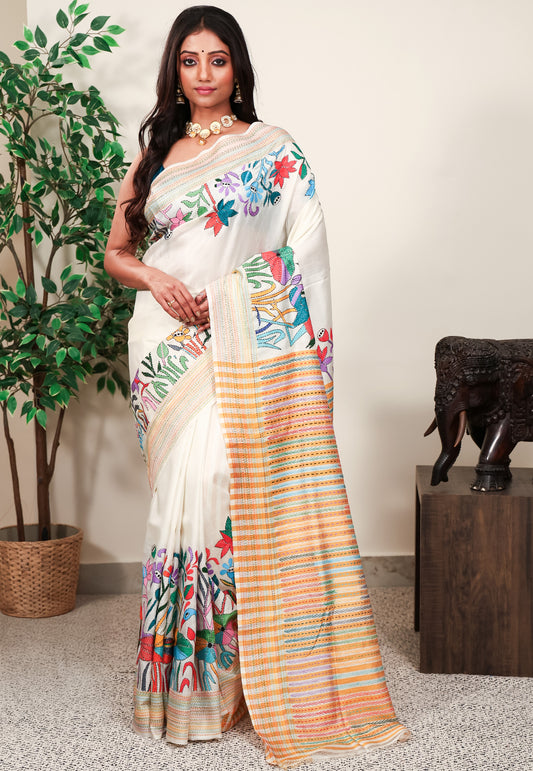 Off White Kantha Pure Silk Saree With Blouse Piece