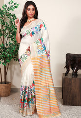 Off White Kantha Pure Silk Saree With Blouse Piece