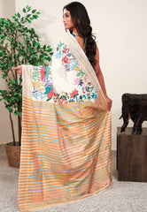 Off White Kantha Pure Silk Saree With Blouse Piece