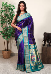 Blue with Rama Green Border Paithani Pure Silk Saree With Blouse Piece