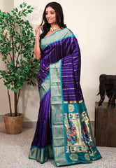 Blue with Rama Green Border Paithani Pure Silk Saree With Blouse Piece