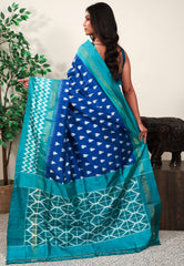 Turquoise Blue with Rama Green Border Ikkat Pure Silk Saree With Blouse Piece