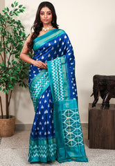 Turquoise Blue with Rama Green Border Ikkat Pure Silk Saree With Blouse Piece