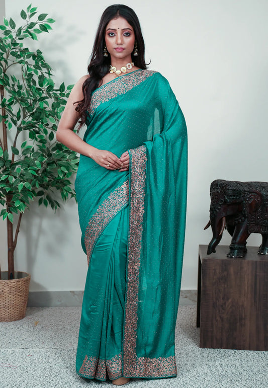 Rama Green Silk with Zari Embroidery work Saree with Blouse Piece