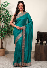 Rama Green Silk with Zari Embroidery work Saree with Blouse Piece