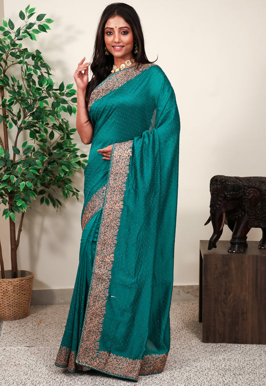 Rama Green Silk with Zari Embroidery work Saree with Blouse Piece