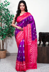 Purple with Rani Pink Border Handloom Ikkat Saree With Blouse Piece