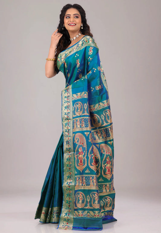 Rama Green Baluchari Pure Silk Saree with Blouse Piece  - Adi Akshoy & Co.