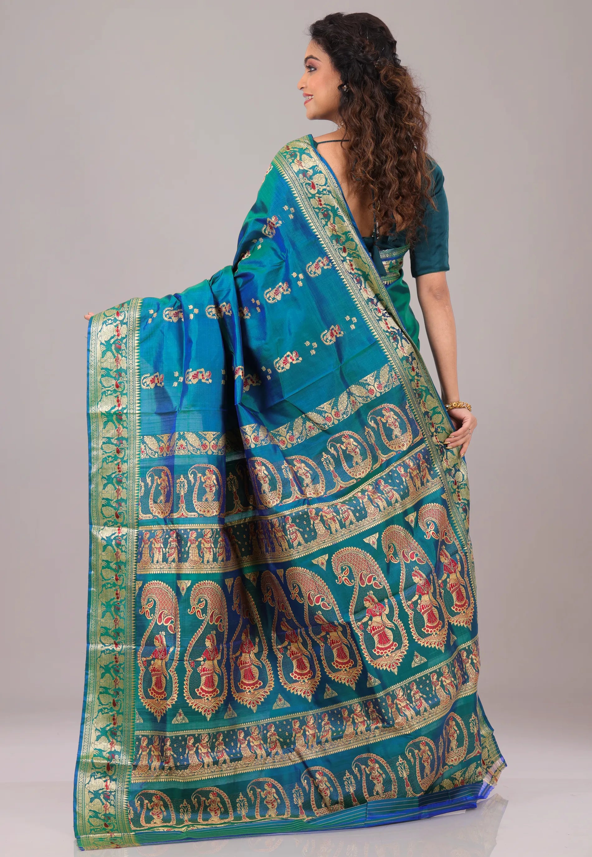 Rama Green Baluchari Pure Silk Saree with Blouse Piece  - Adi Akshoy & Co.