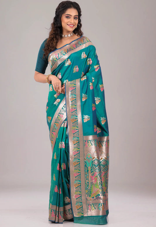 Rama Green Baluchari Silk Saree with Blouse Piece - Adi Akshoy & Co.