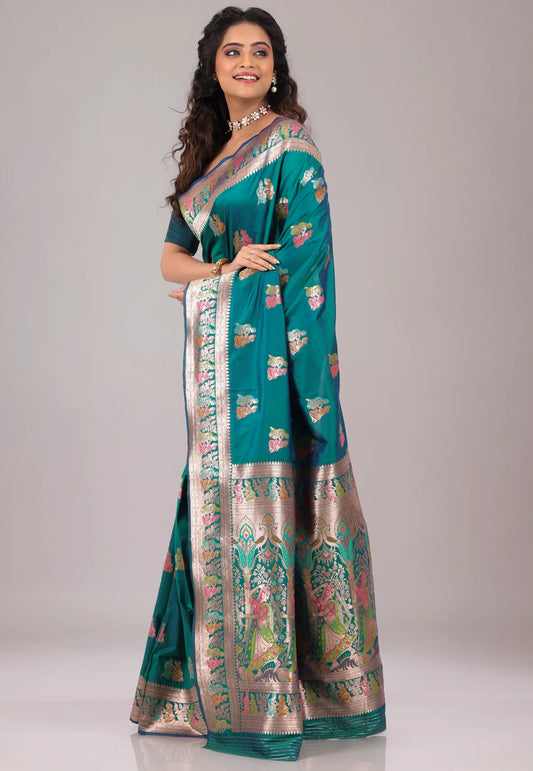 Rama Green Baluchari Silk Saree with Blouse Piece - Adi Akshoy & Co.