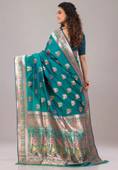 Rama Green Baluchari Silk Saree with Blouse Piece - Adi Akshoy & Co.