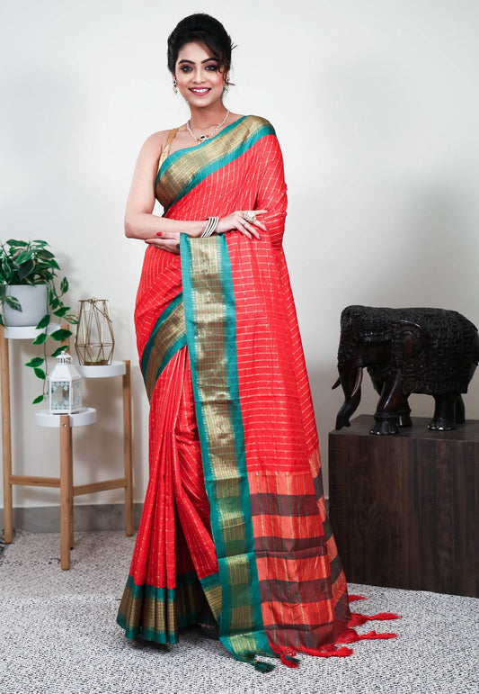 Red with Green Border Tussar Silk Saree with Blouse Piece - Adi Akshoy & Co.
