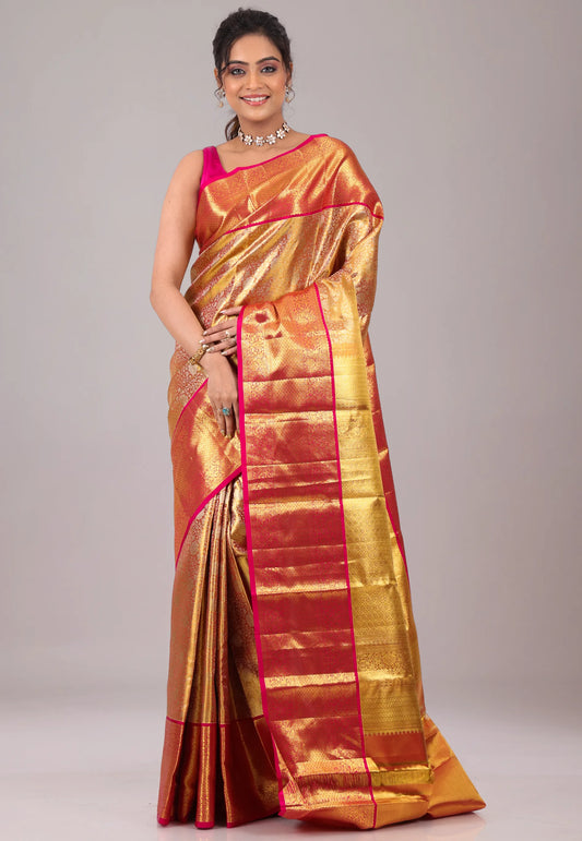 Rani Brocade with Zari work Pure Tissue Kanjivaram Silk Saree With Blouse Piece - Adi Akshoy & Co.