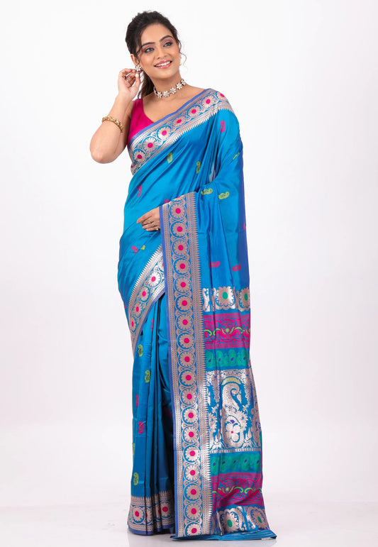 Feroza Blue Baluchari Silk Saree with Blouse Piece