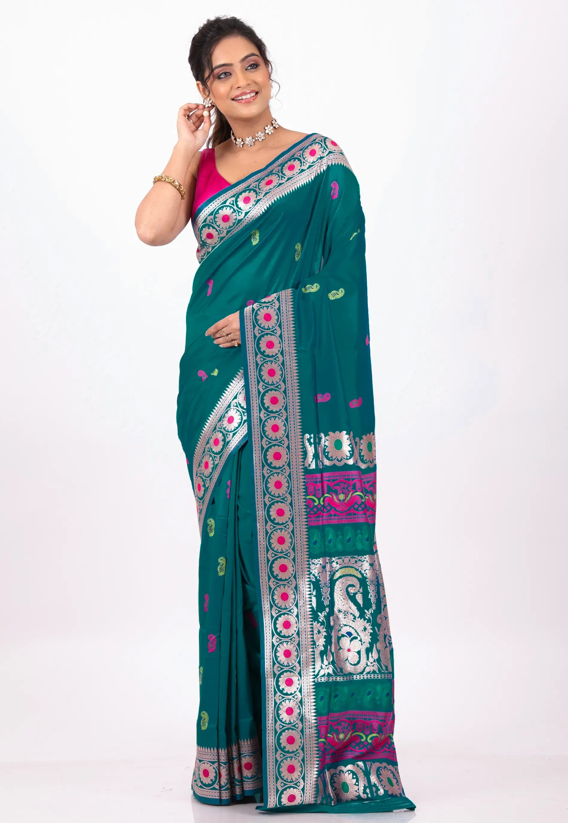 Bottle Green Baluchari Silk Saree with Blouse Piece – Adi Akshoy & Co.