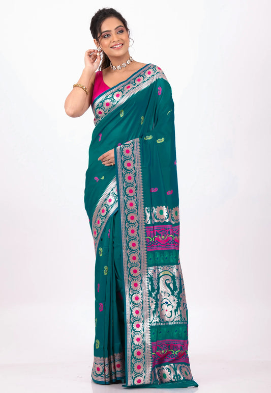 Bottle Green Baluchari Silk Saree with Blouse Piece – Adi Akshoy & Co.