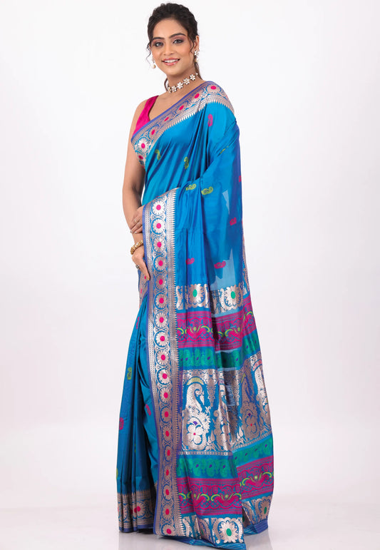 Feroza Blue Baluchari Silk Saree with Blouse Piece