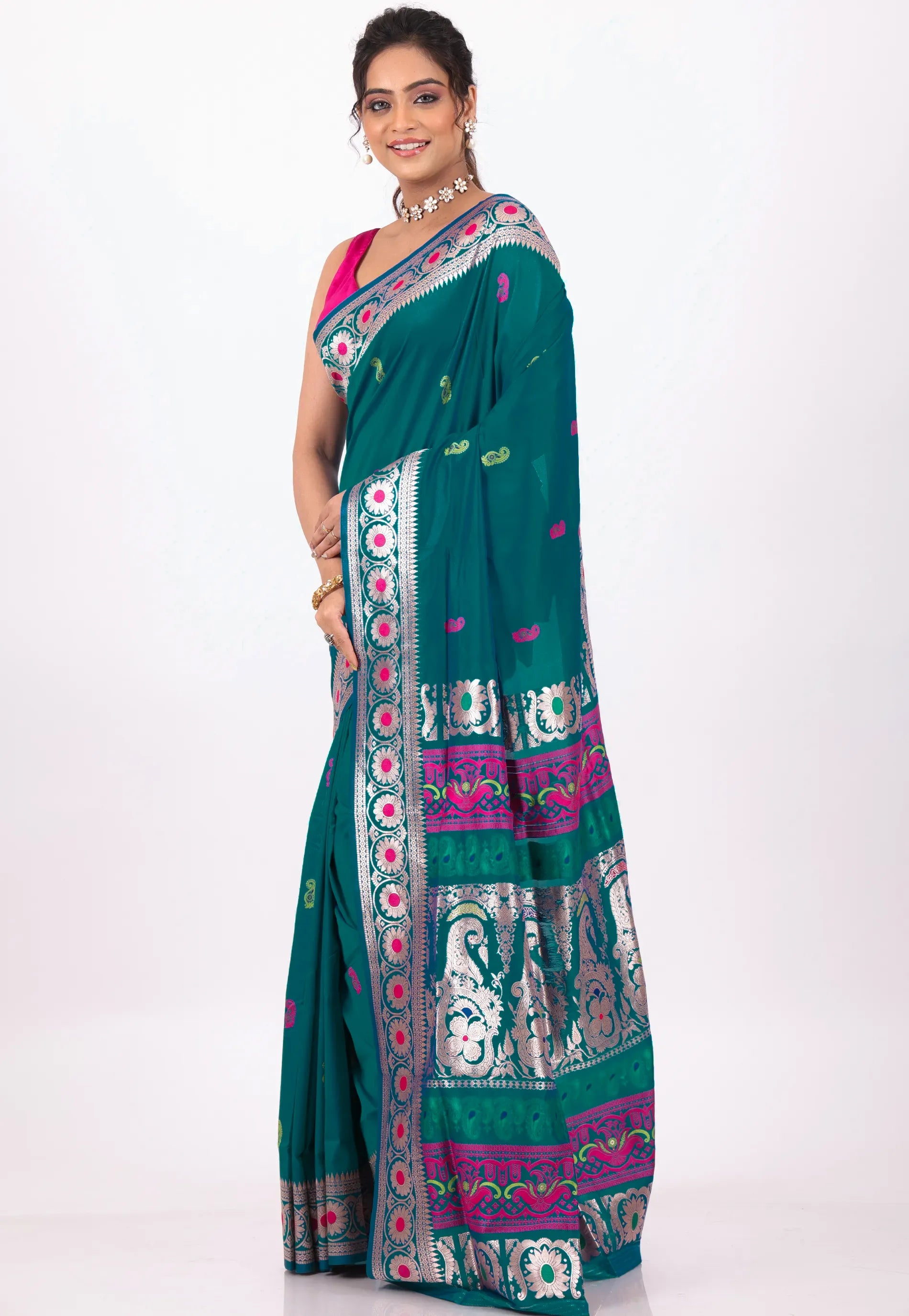 Bottle Green Baluchari Silk Saree with Blouse Piece – Adi Akshoy & Co.