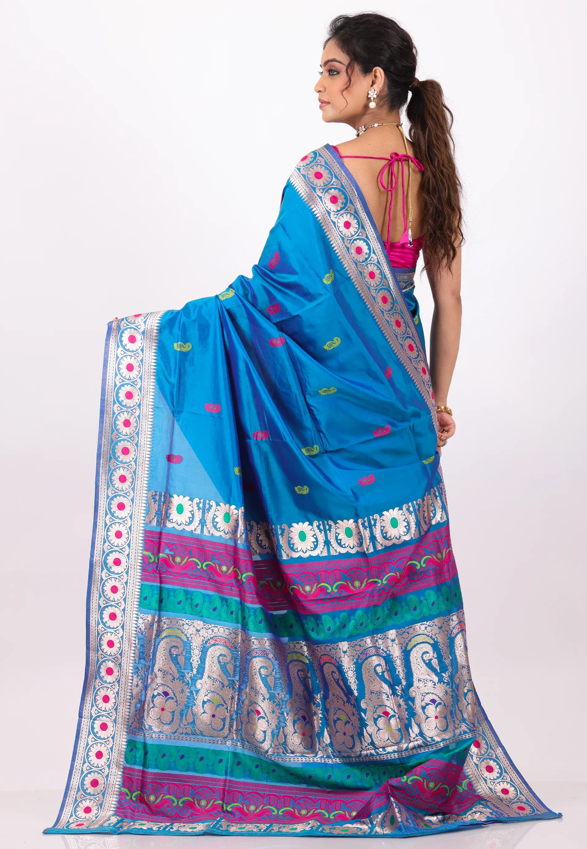 Feroza Blue Baluchari Silk Saree with Blouse Piece