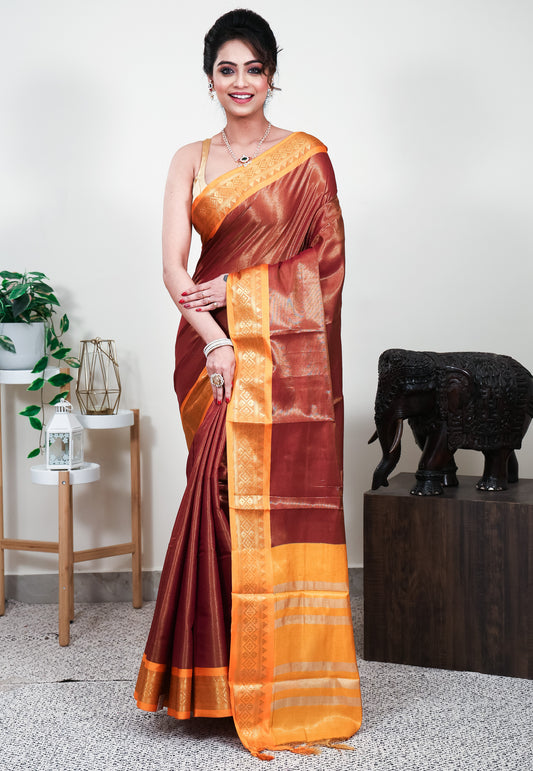 Maroon with Golden Yellow Border Tissue Silk Saree With Blouse Piece