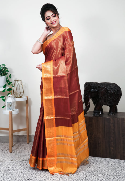 Maroon with Golden Yellow Border Tissue Silk Saree With Blouse Piece