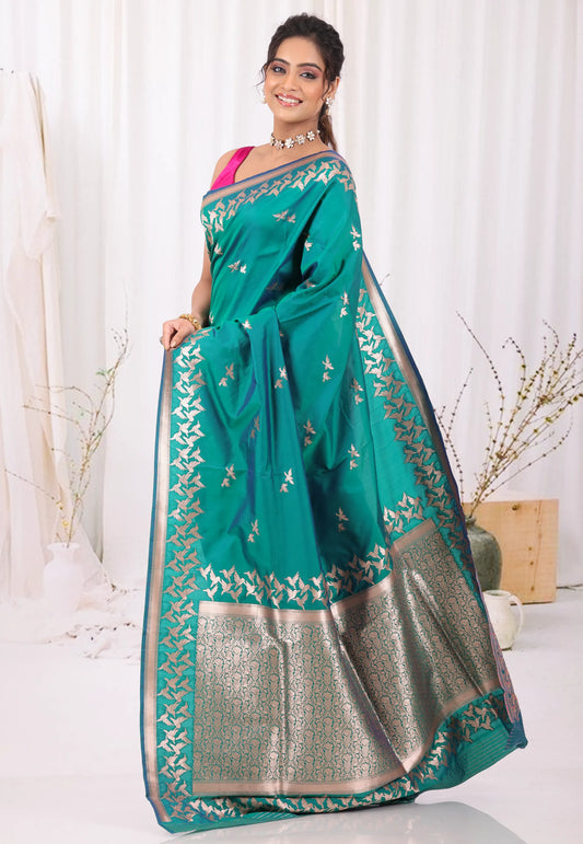 Rama Green Katan Silk Saree With Blouse Piece - Adi Akshoy & Co.