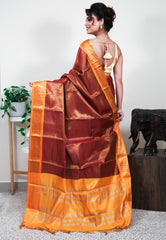 Maroon with Golden Yellow Border Tissue Silk Saree With Blouse Piece