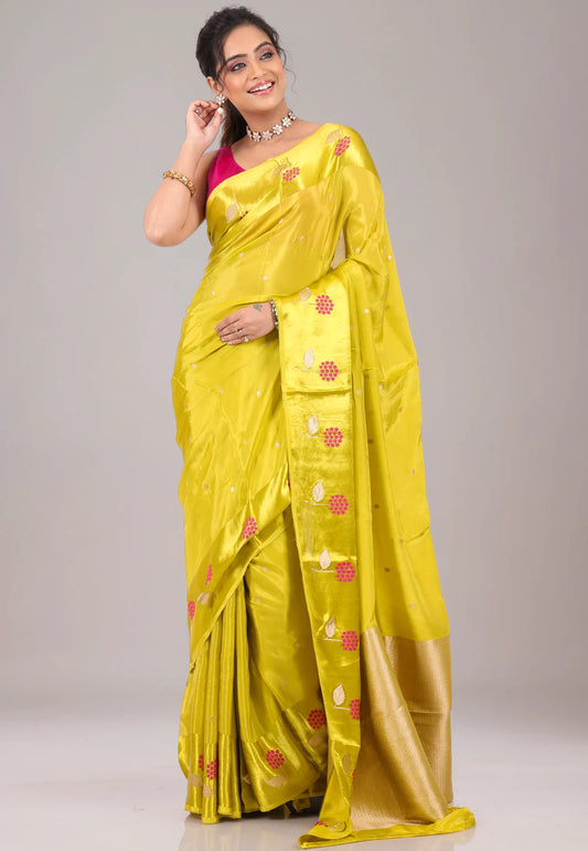 Lemon Yellow Mashru Silk Saree with Blouse Piece - Adi Akshoy & Co.