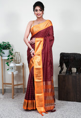 Maroon with Golden Border Tussar Silk Saree with Blouse Piece