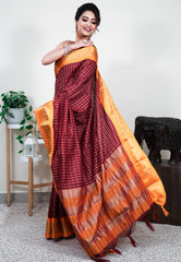 Maroon with Golden Border Tussar Silk Saree with Blouse Piece