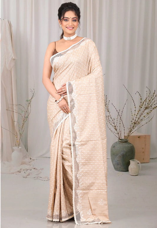 Beige Tussar Silk with Blouse Piece - Adi Akshoy & Co.
