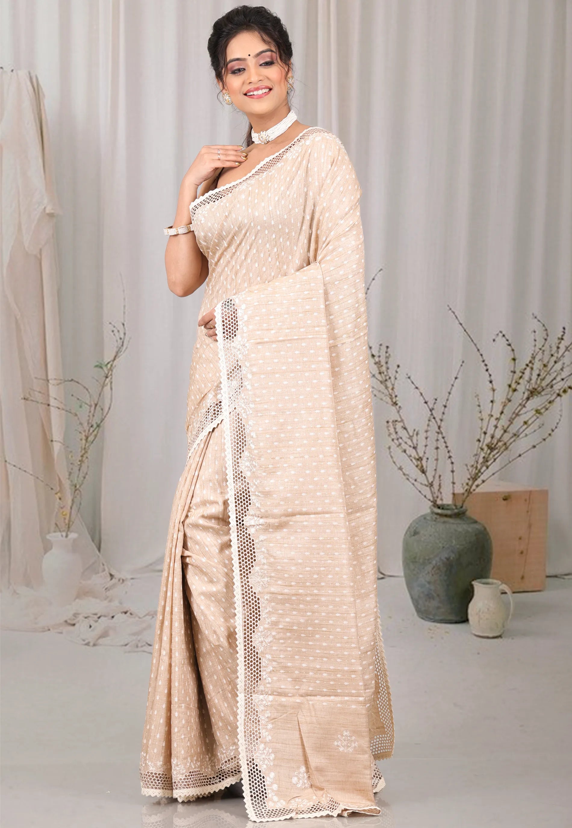 Beige Tussar Silk with Blouse Piece - Adi Akshoy & Co.