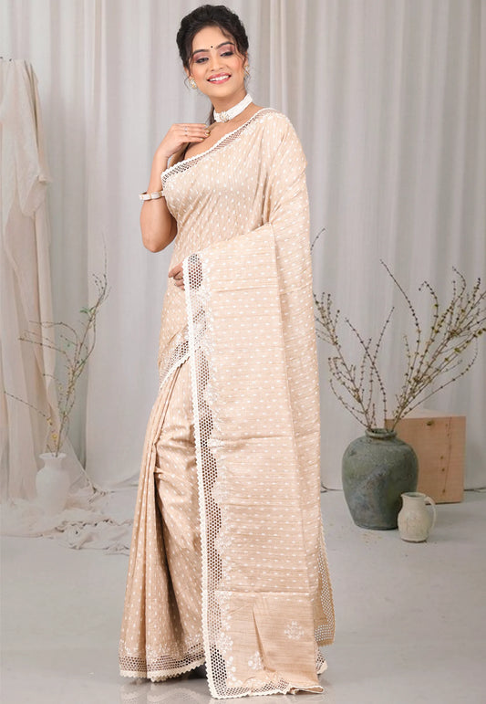 Beige Tussar Silk with Blouse Piece - Adi Akshoy & Co.