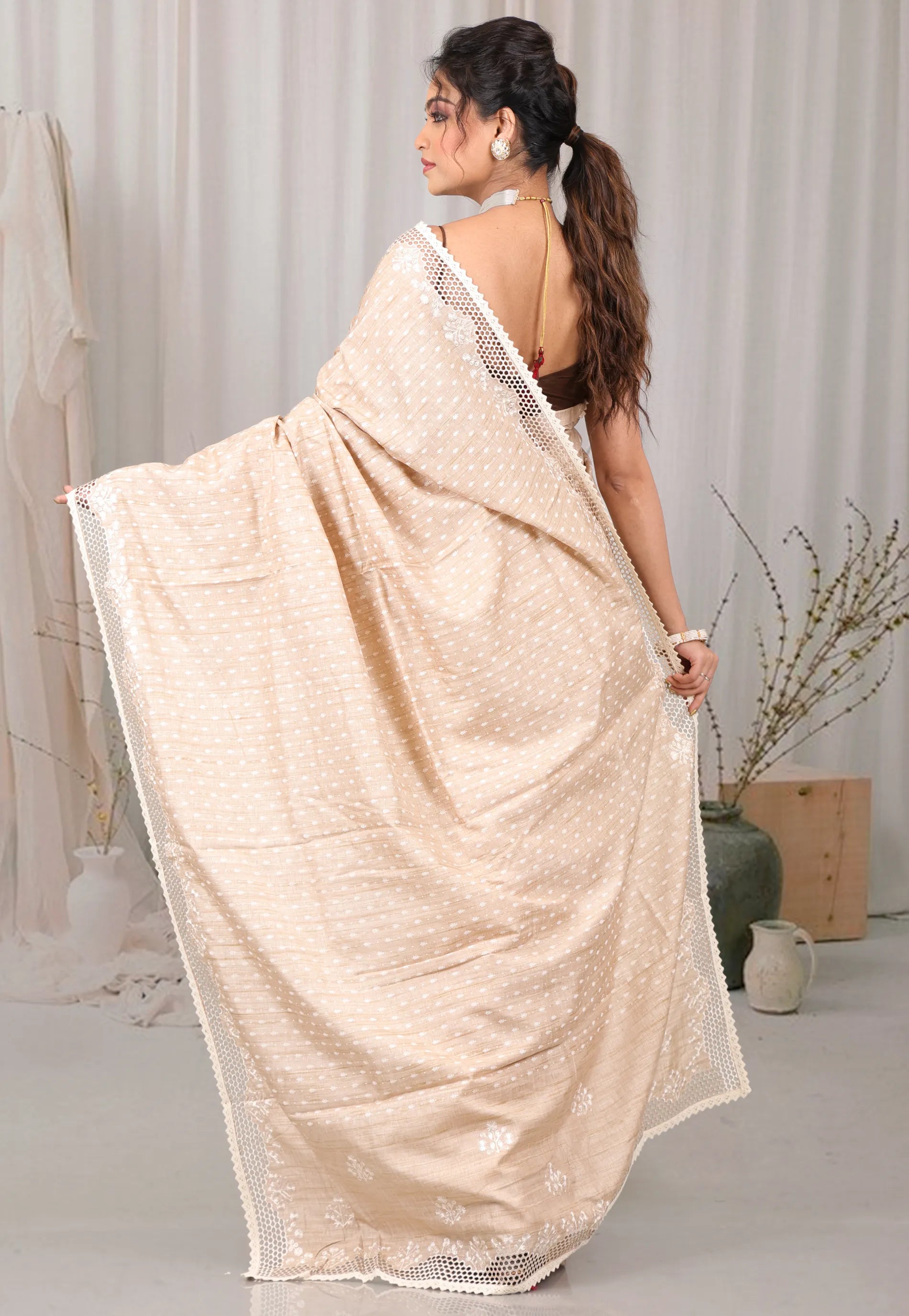 Beige Tussar Silk with Blouse Piece - Adi Akshoy & Co.