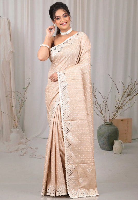 Beige Tussar Silk with Blouse Piece - Adi Akshoy & Co.