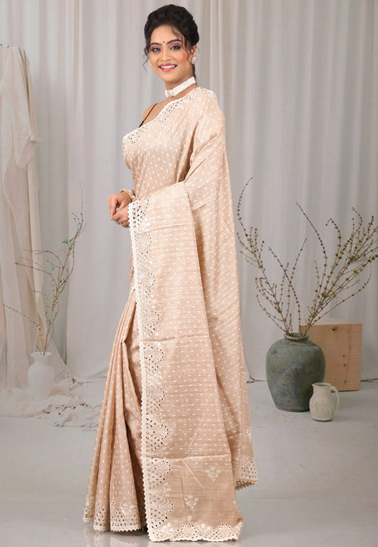 Beige Tussar Silk with Blouse Piece - Adi Akshoy & Co.