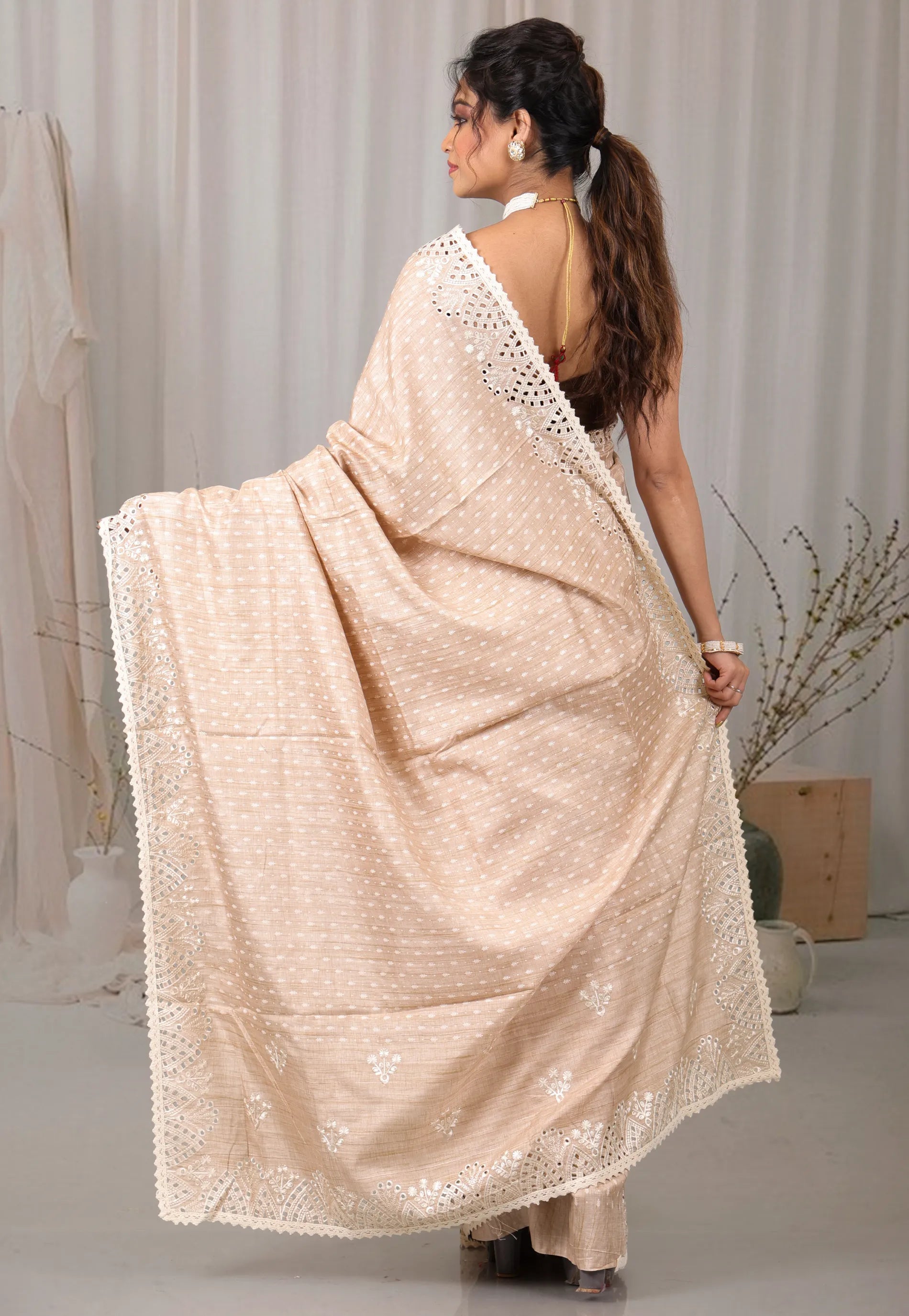 Beige Tussar Silk with Blouse Piece - Adi Akshoy & Co.