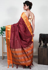 Maroon with Golden Border Tussar Silk Saree with Blouse Piece