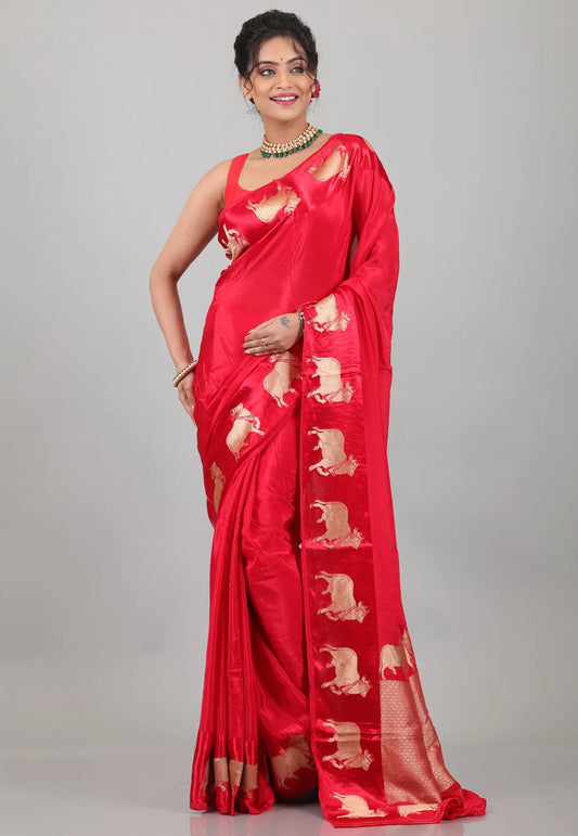 Red Mashru Silk Saree with Blouse Piece - Adi Akshoy & Co.