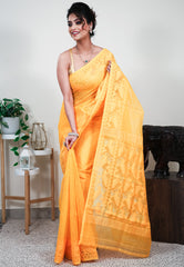 Yellow Dhakai Jamdani Cotton Saree without Blouse Piece