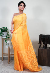 Yellow Dhakai Jamdani Cotton Saree without Blouse Piece