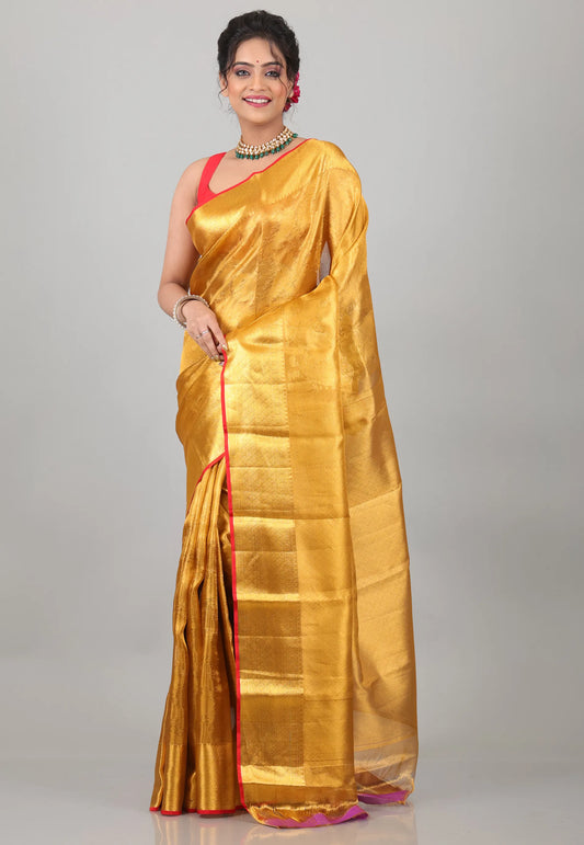 Golden Yellow Brocade Pure Tissue Kanjivaram Silk Saree With Blouse Piece  - Adi Akshoy & Co.